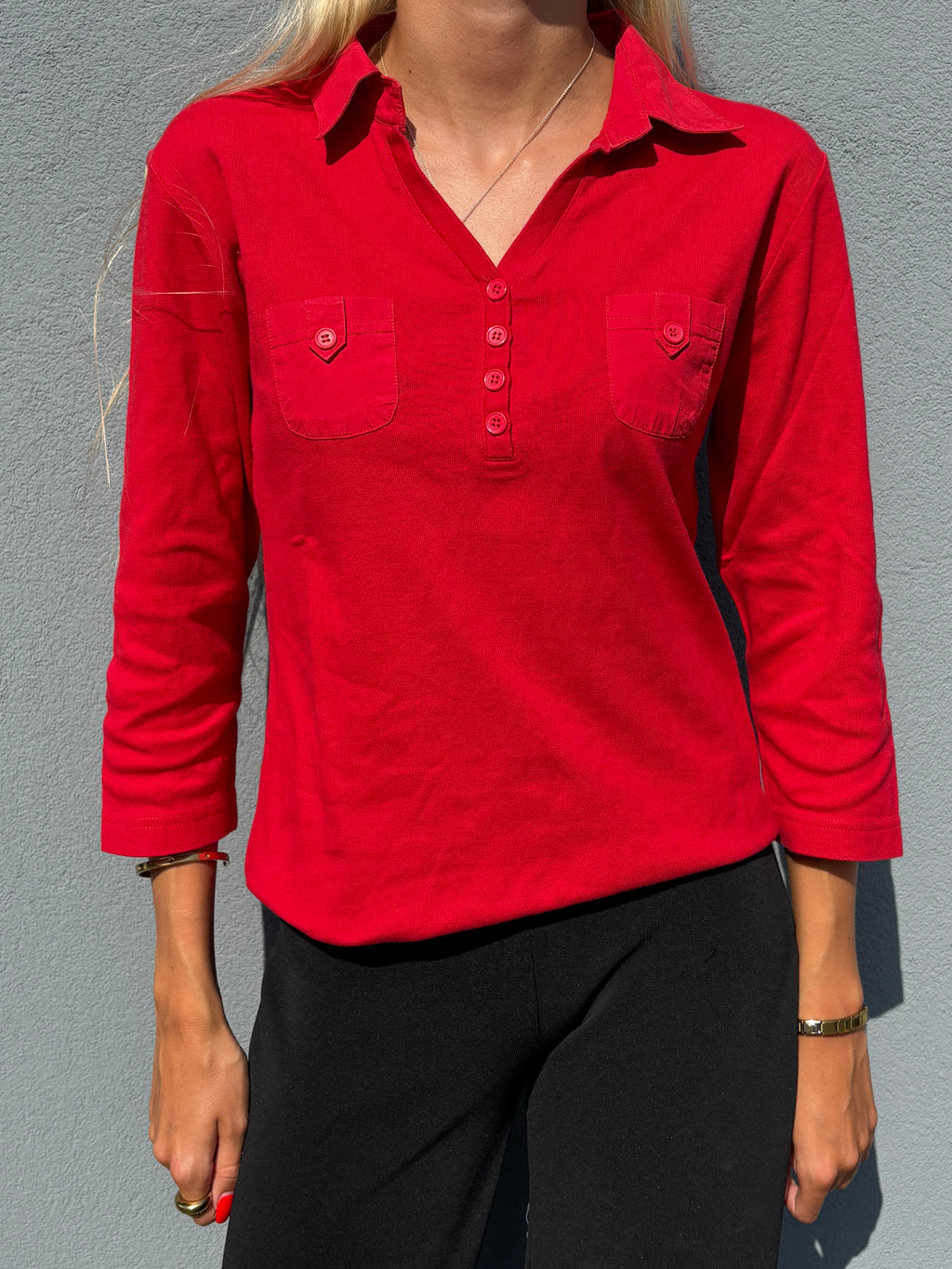 2000s Yves Saint Laurent 3/4 sleeves red button up