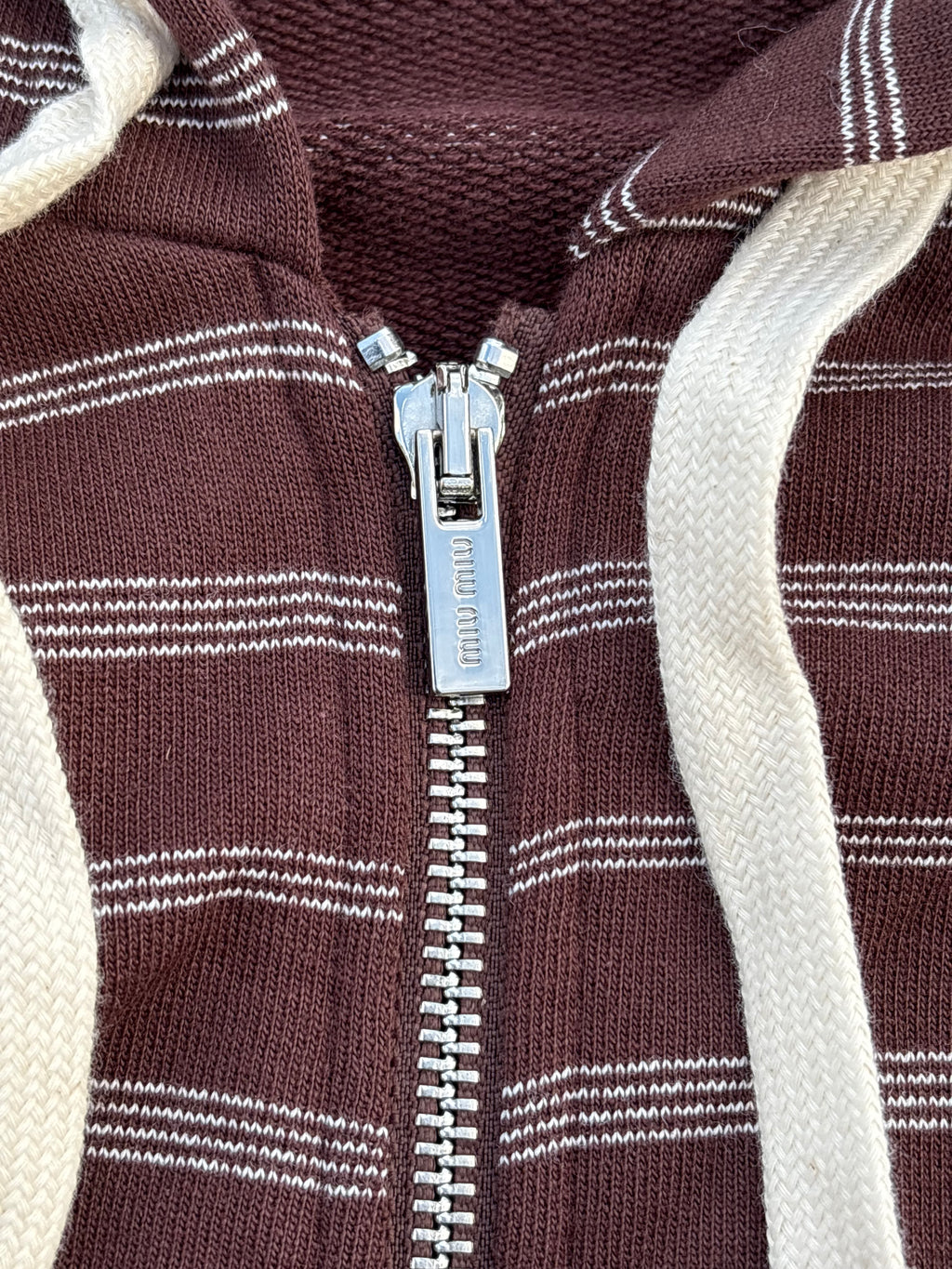 Miu Miu SS24 striped draw string hoodie white/brown