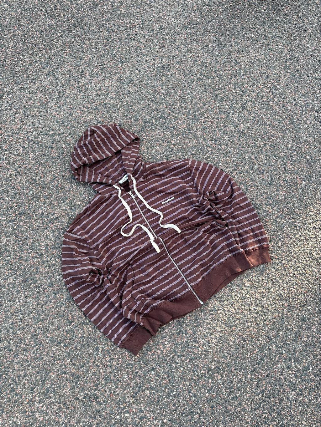 Miu Miu SS24 striped draw string hoodie white/brown