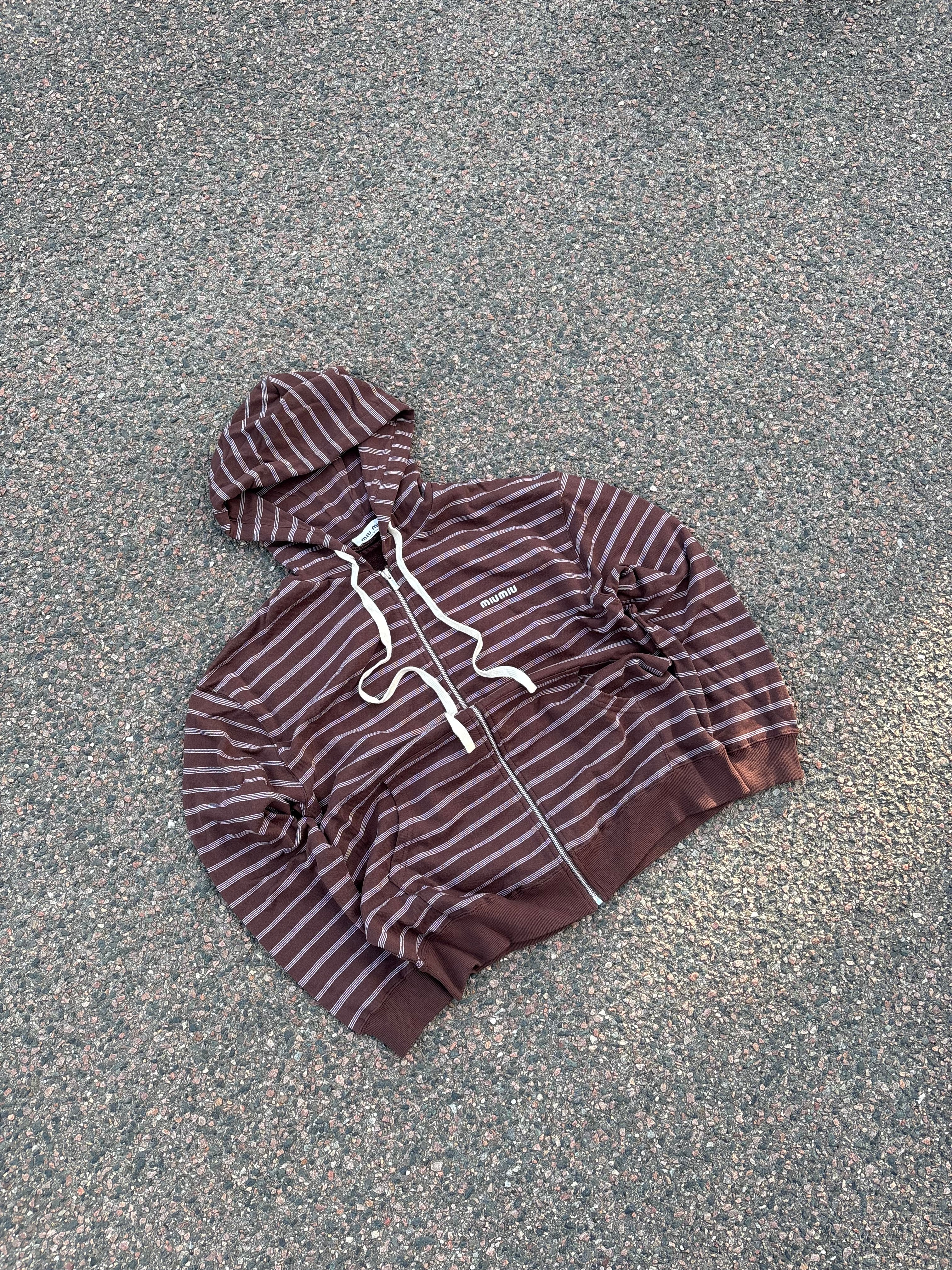 Miu Miu SS24 striped draw string hoodie white/brown