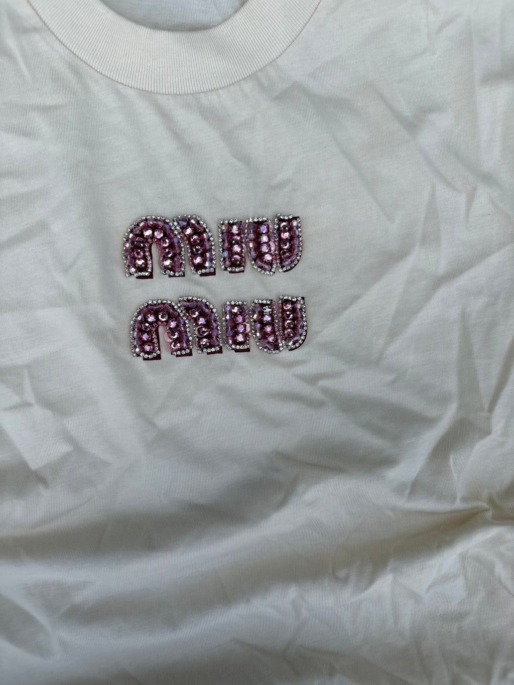 Miu Miu Pearl logo beige tee