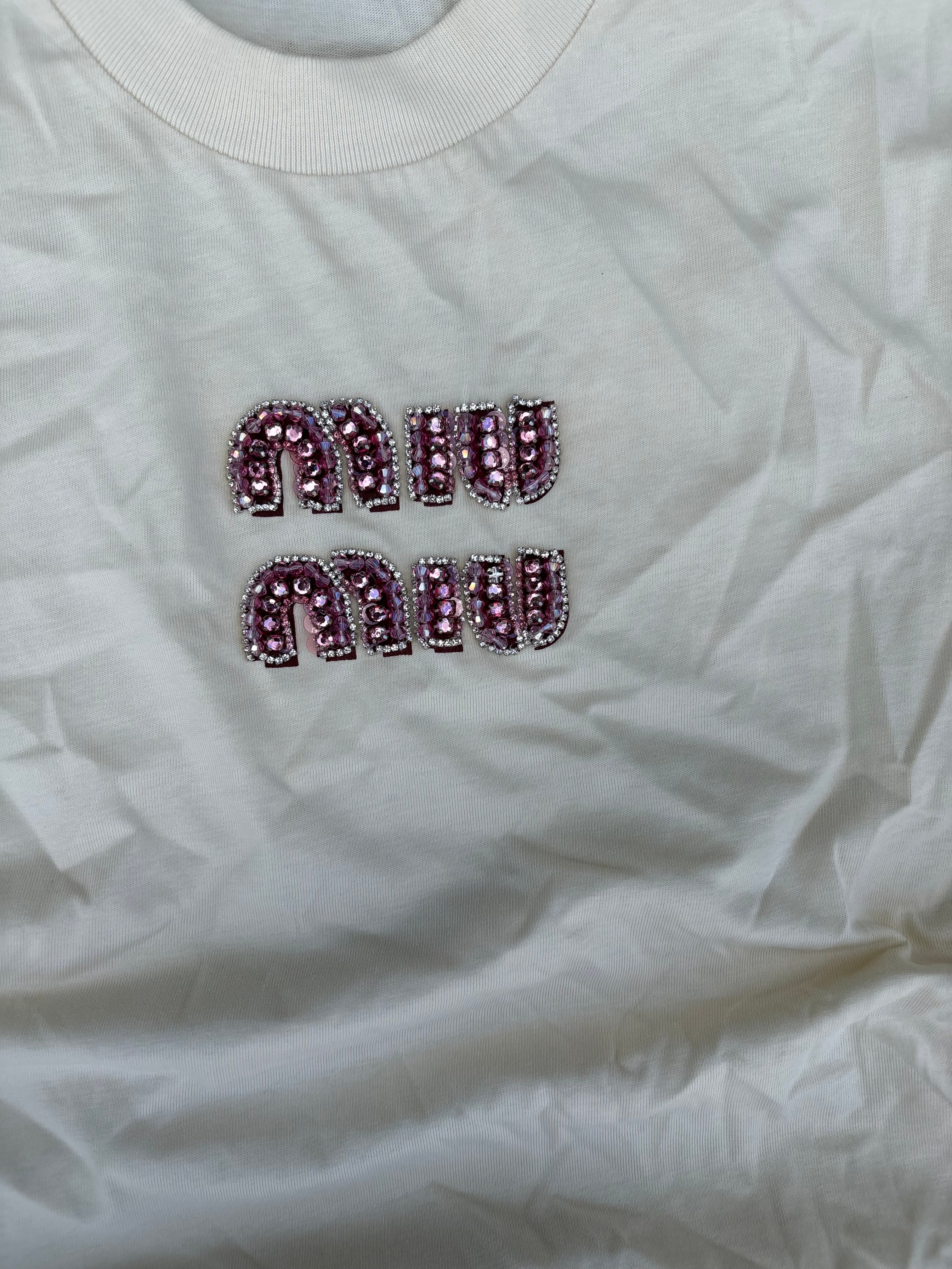 Miu Miu Pearl logo beige tee