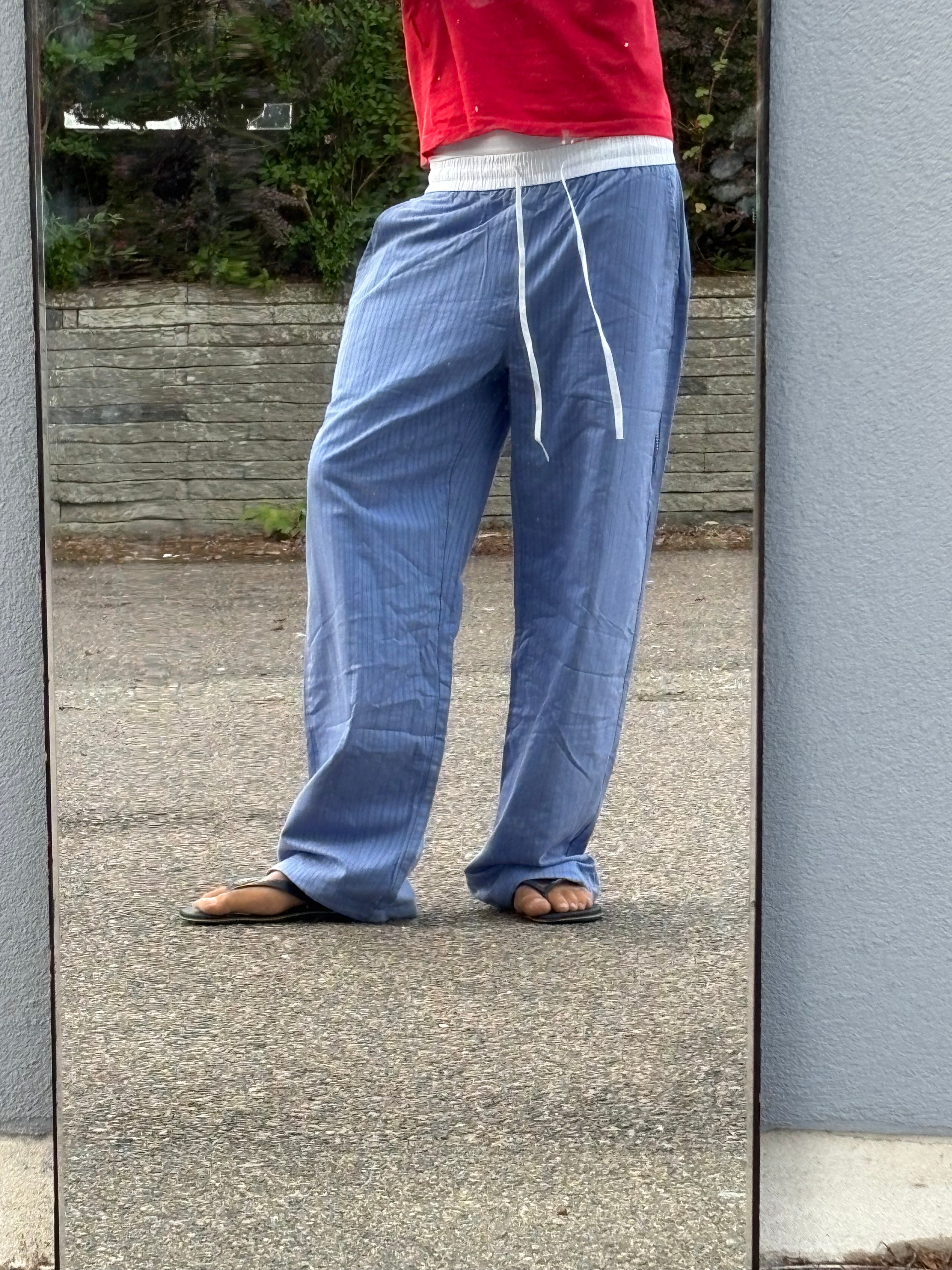 2000s Vintage blue striped white waistband pants