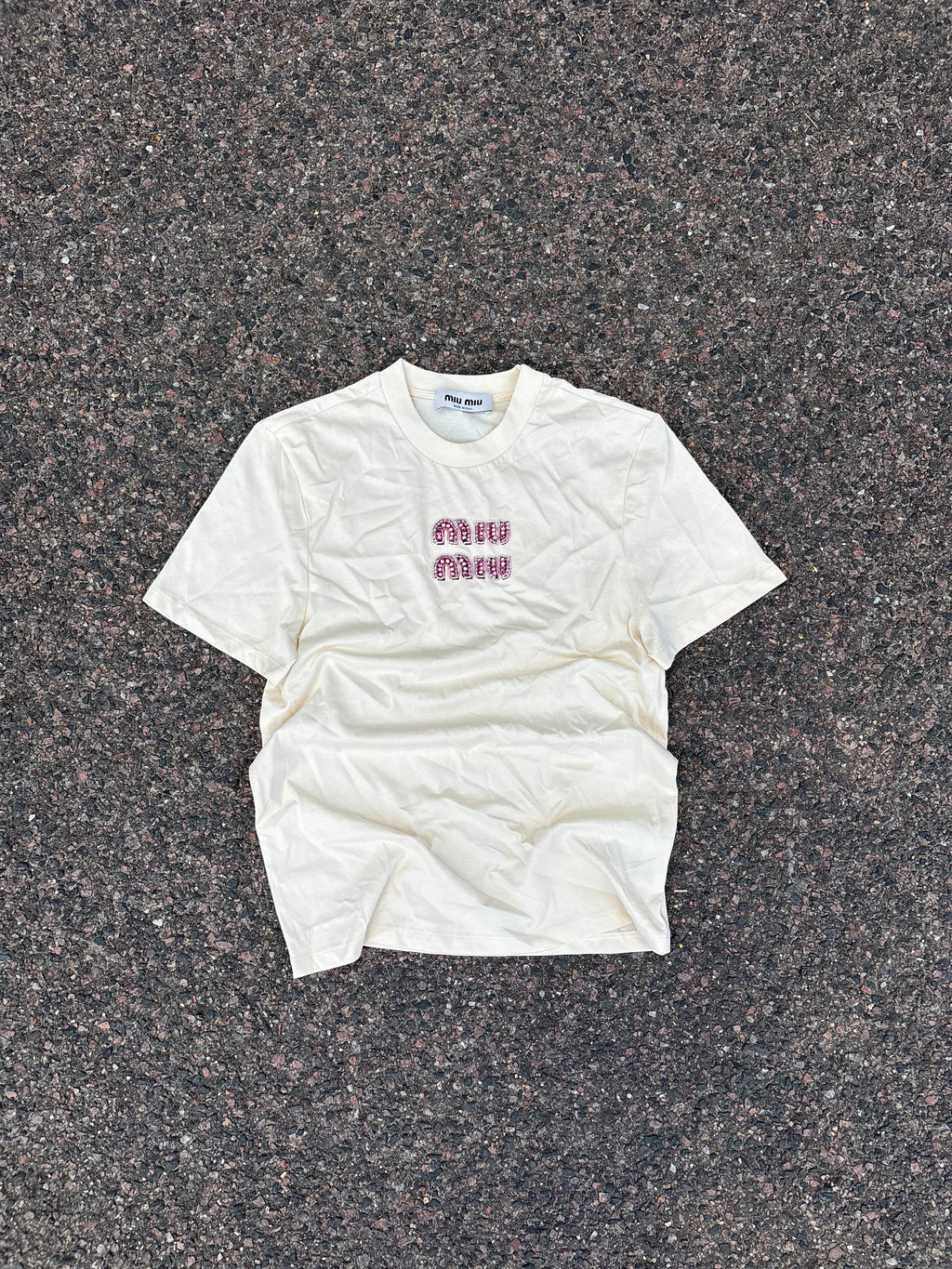 Miu Miu Pearl logo beige tee