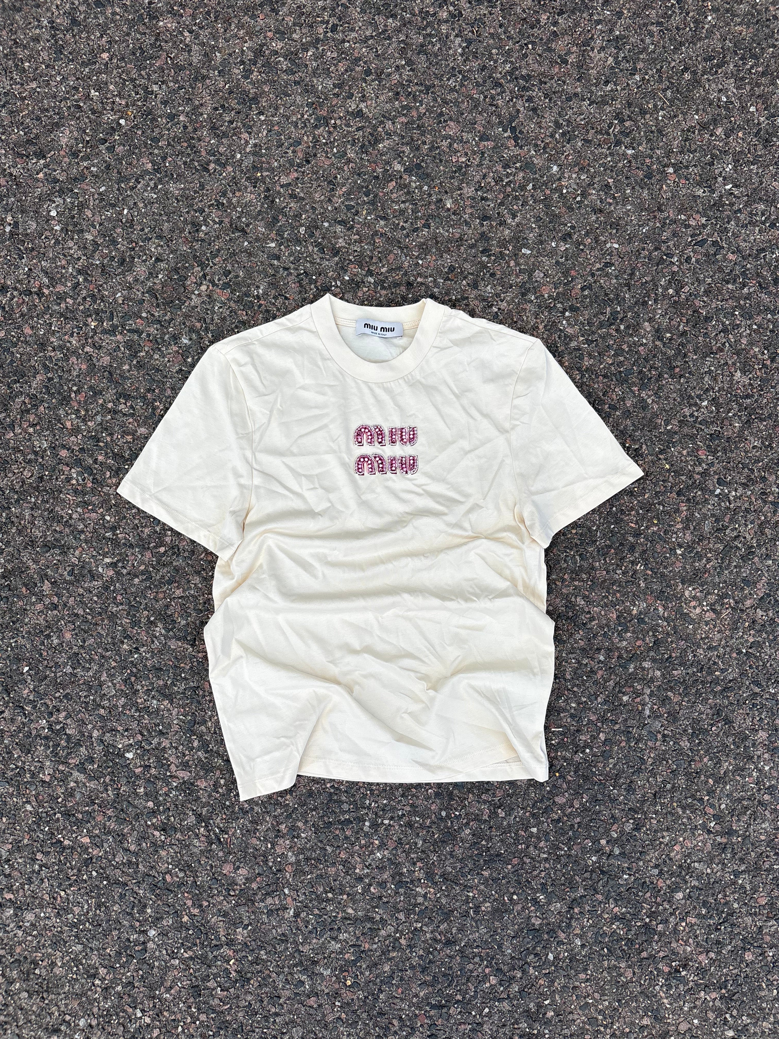 Miu Miu Pearl logo beige tee