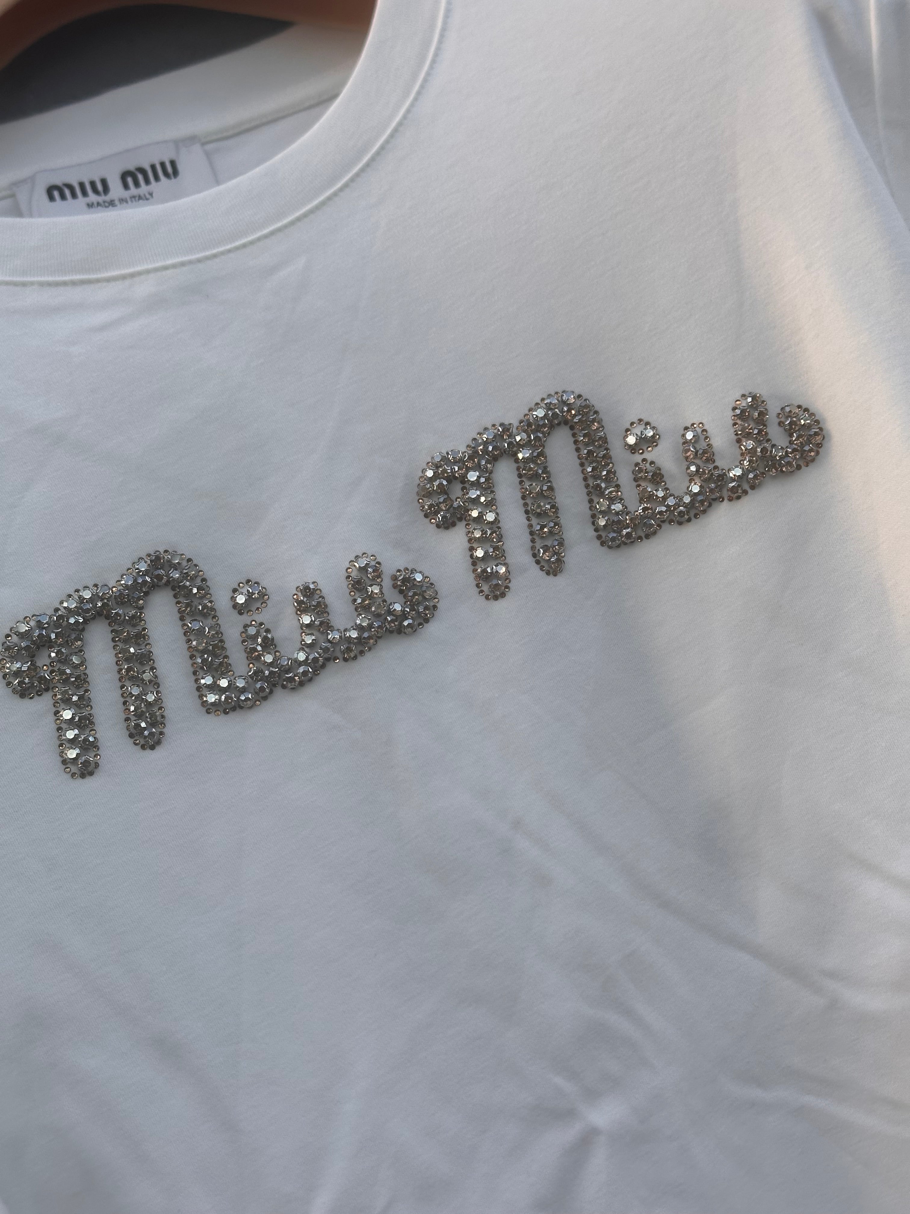 Miu miu cursive text pearl logo tee white 2025