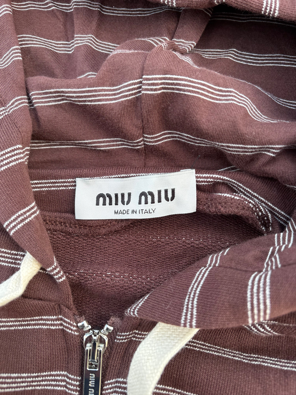 Miu Miu SS24 striped draw string hoodie white/brown