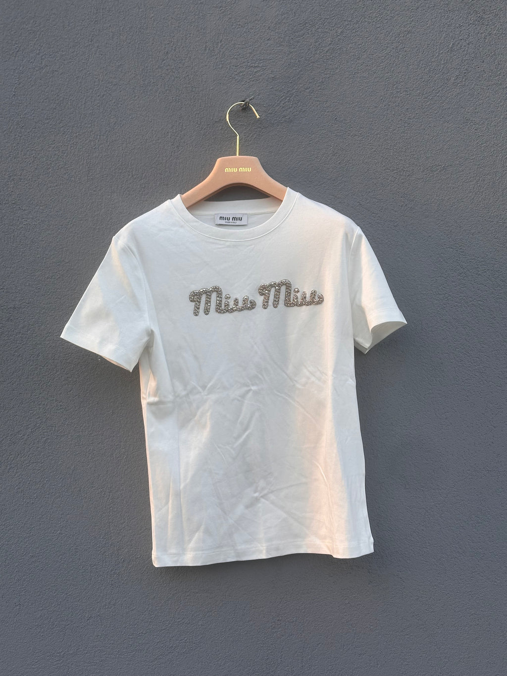 Miu miu cursive text pearl logo tee white 2025