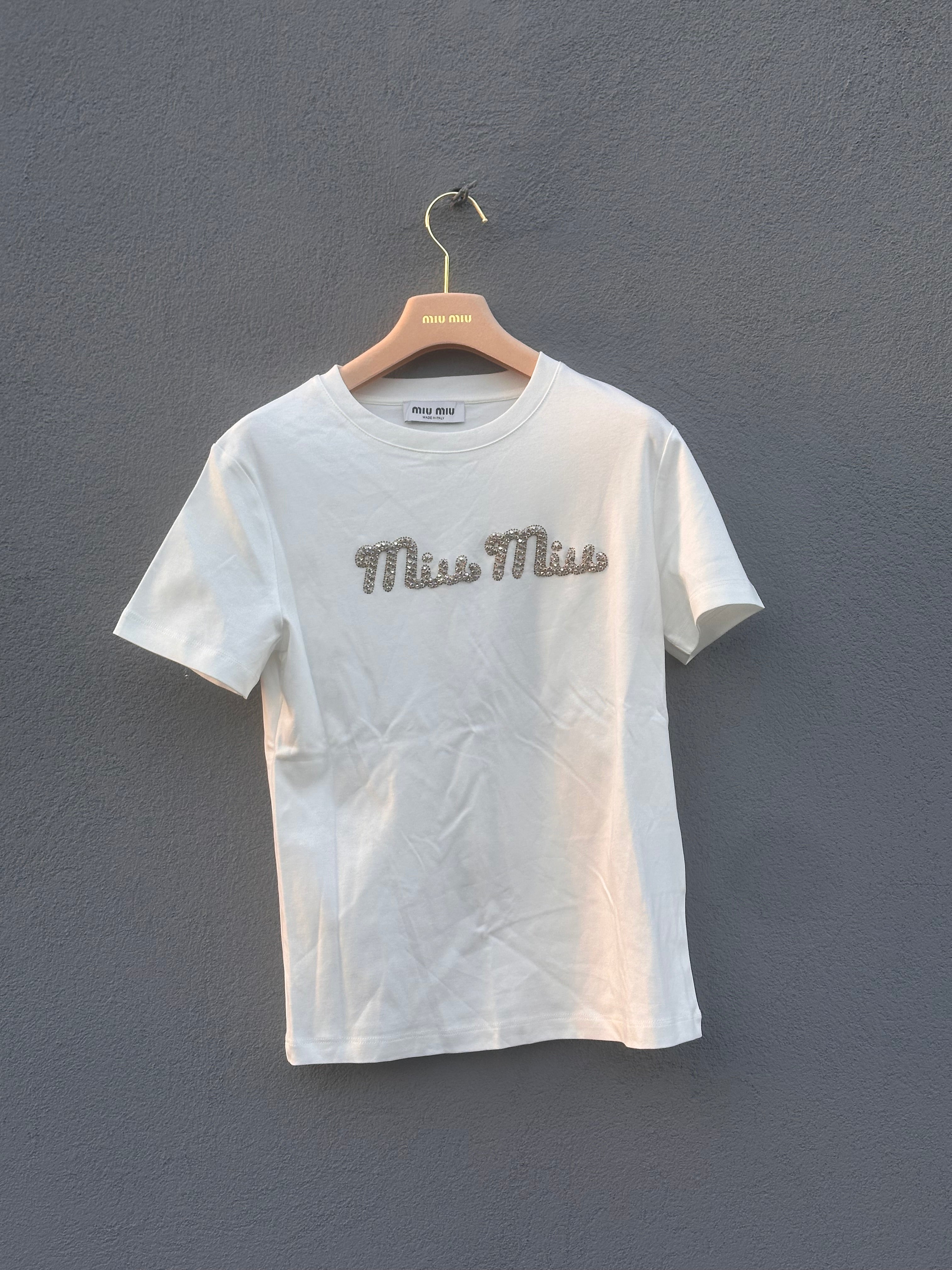 Miu miu cursive text pearl logo tee white 2025