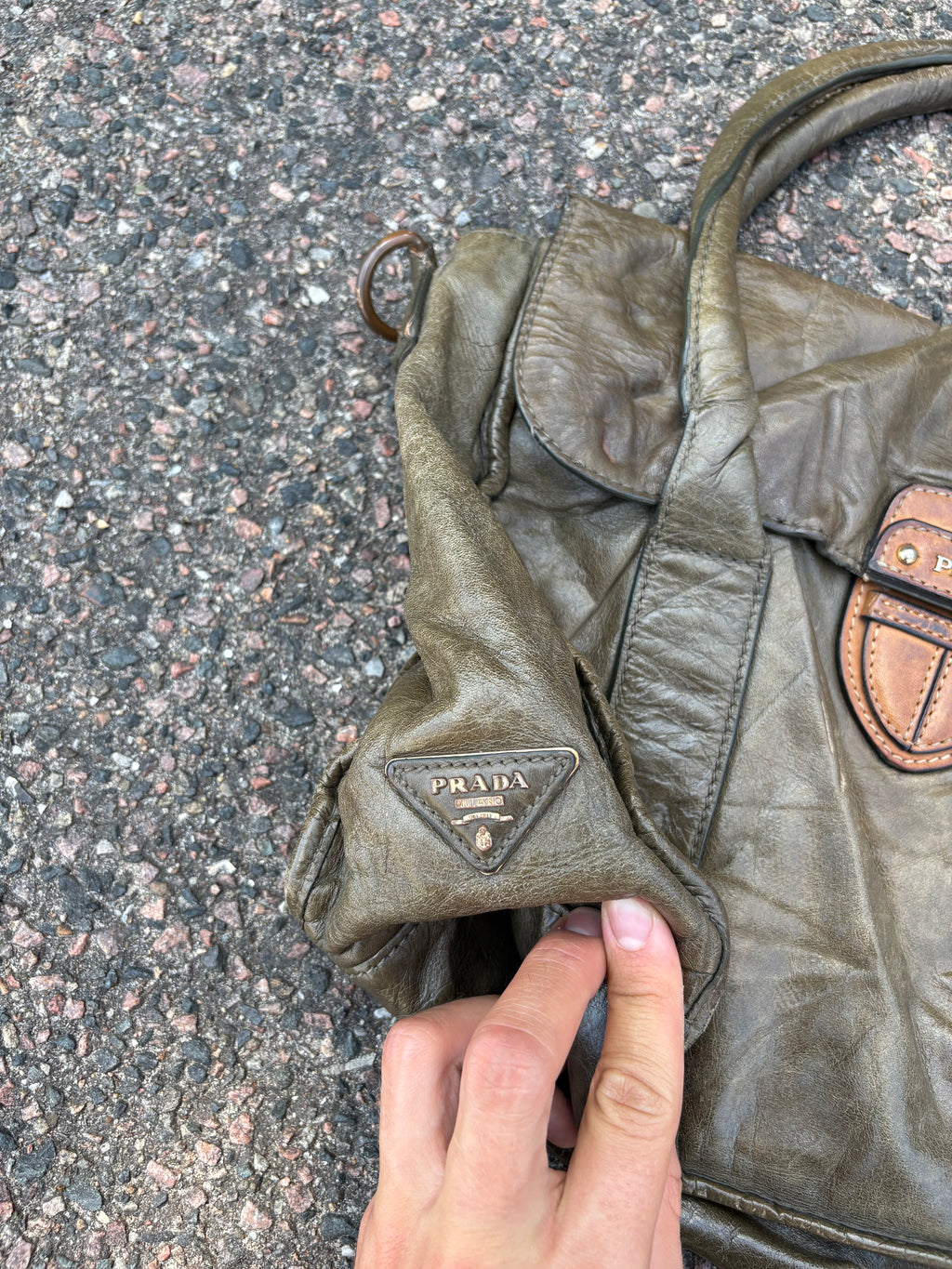 Vintage old leather khaki green Prada bag