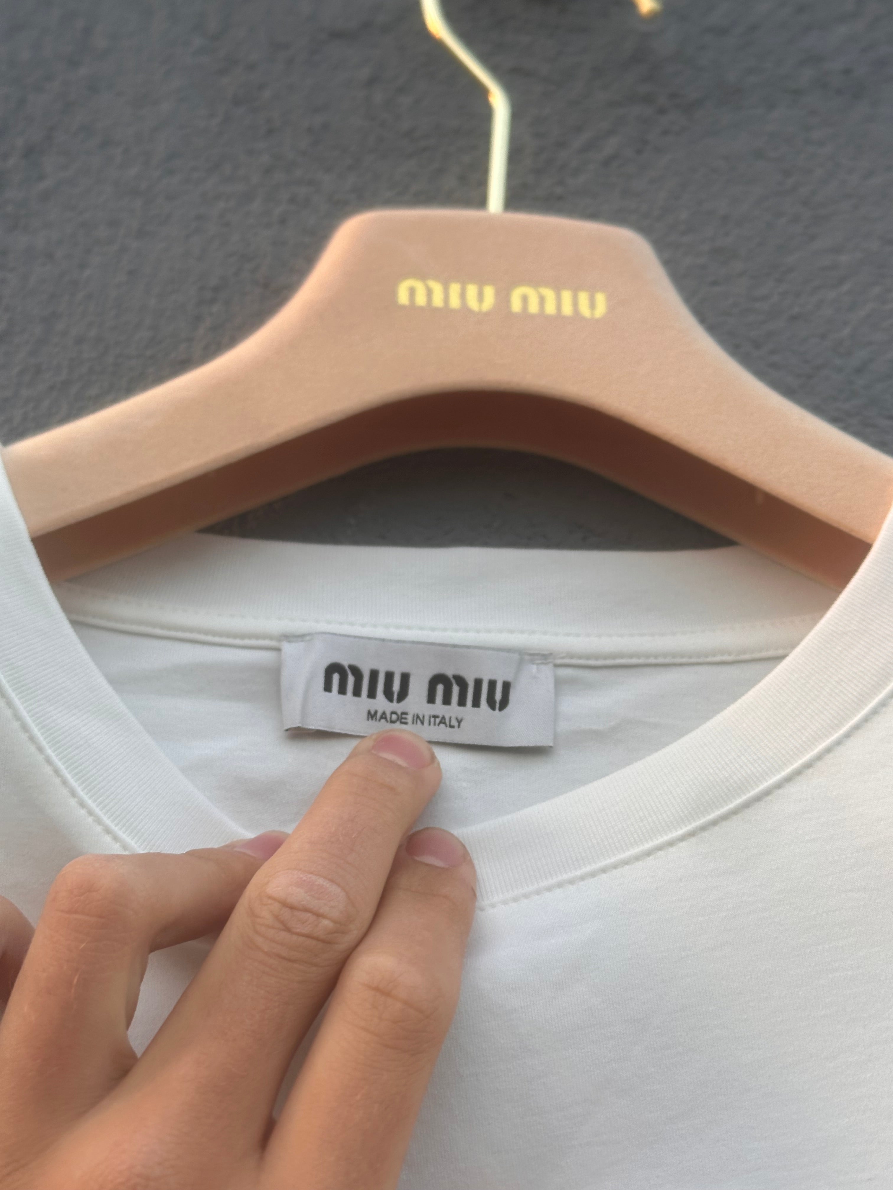 Miu miu cursive text pearl logo tee white 2025