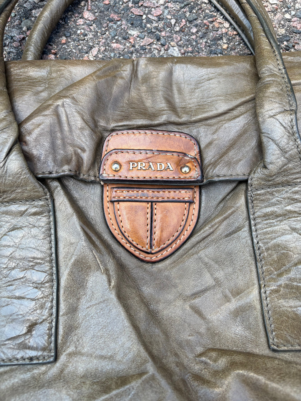 Vintage old leather khaki green Prada bag