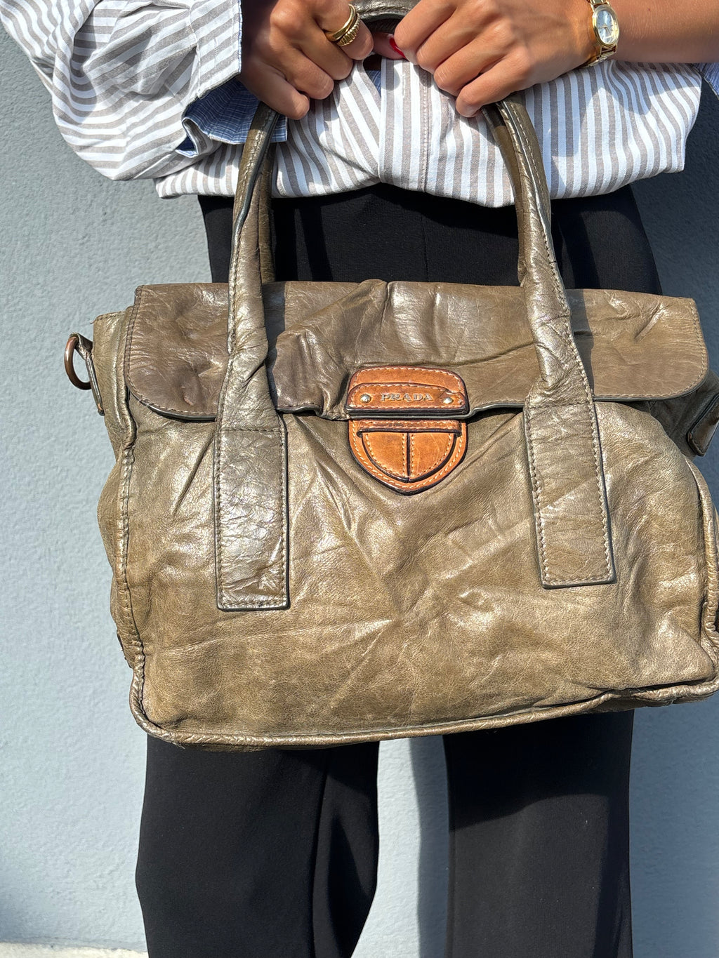 Vintage old leather khaki green Prada bag