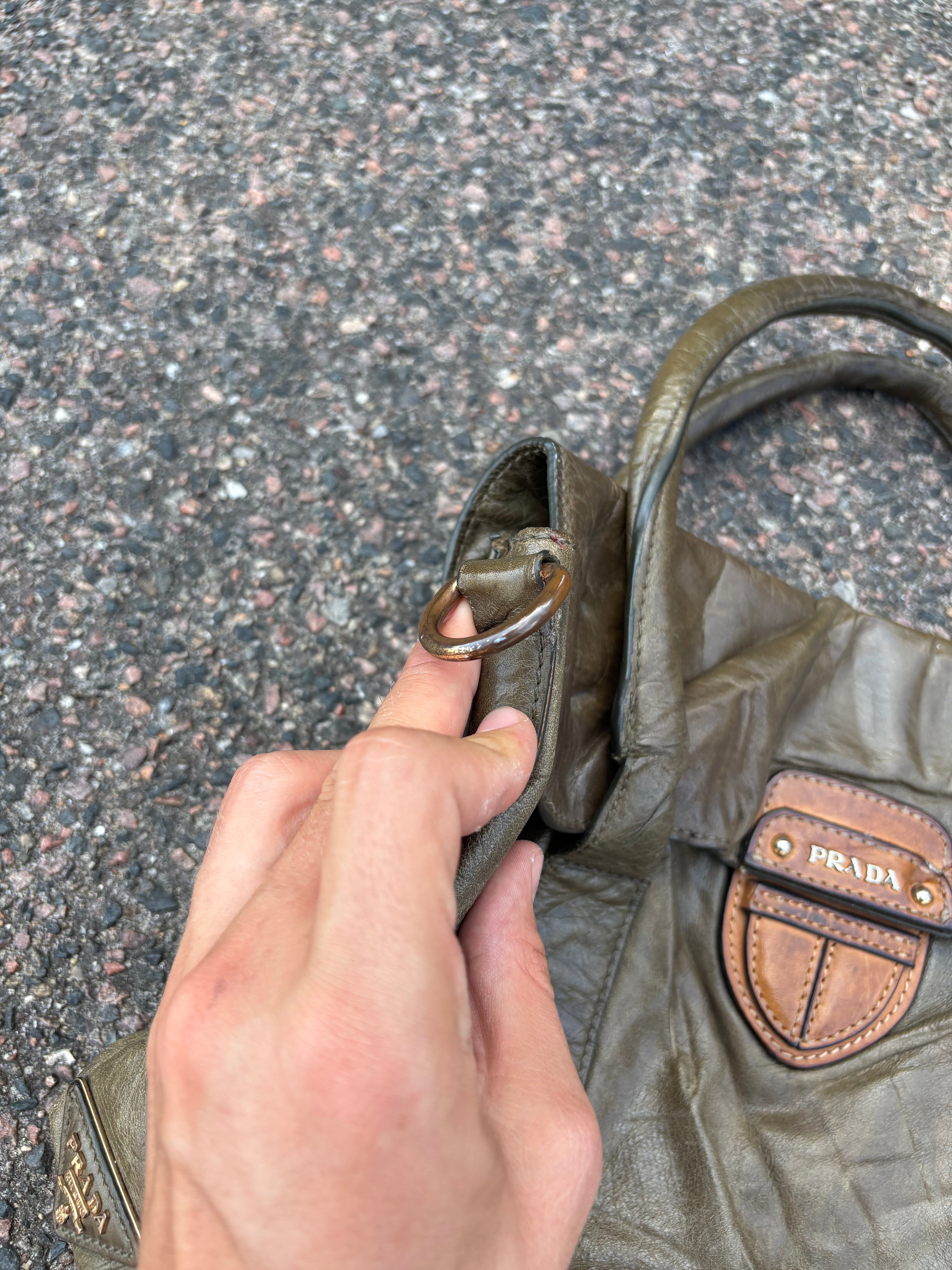Vintage old leather khaki green Prada bag