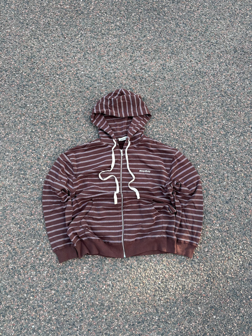 Miu Miu SS24 striped draw string hoodie white/brown