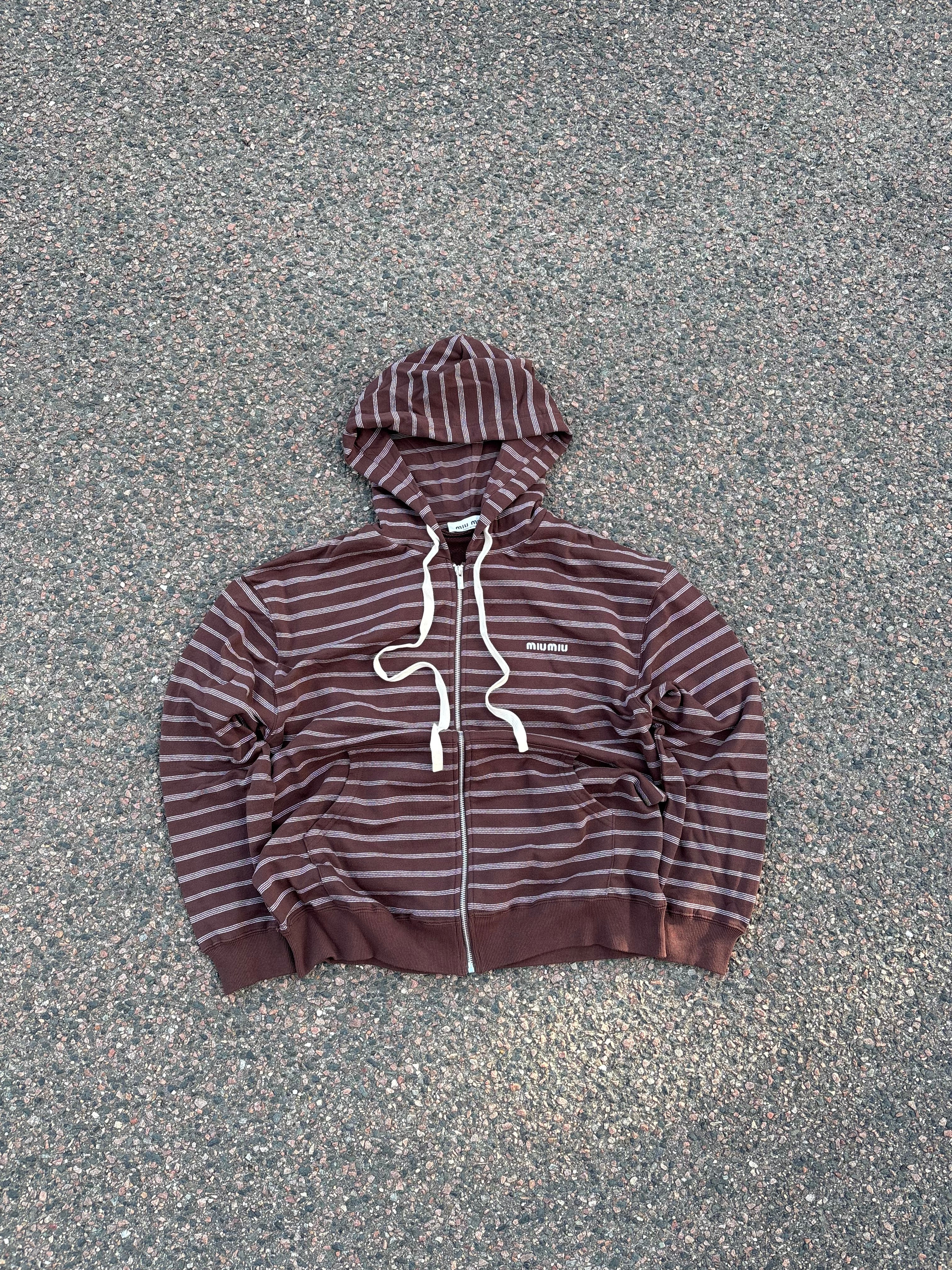 Miu Miu SS24 striped draw string hoodie white/brown