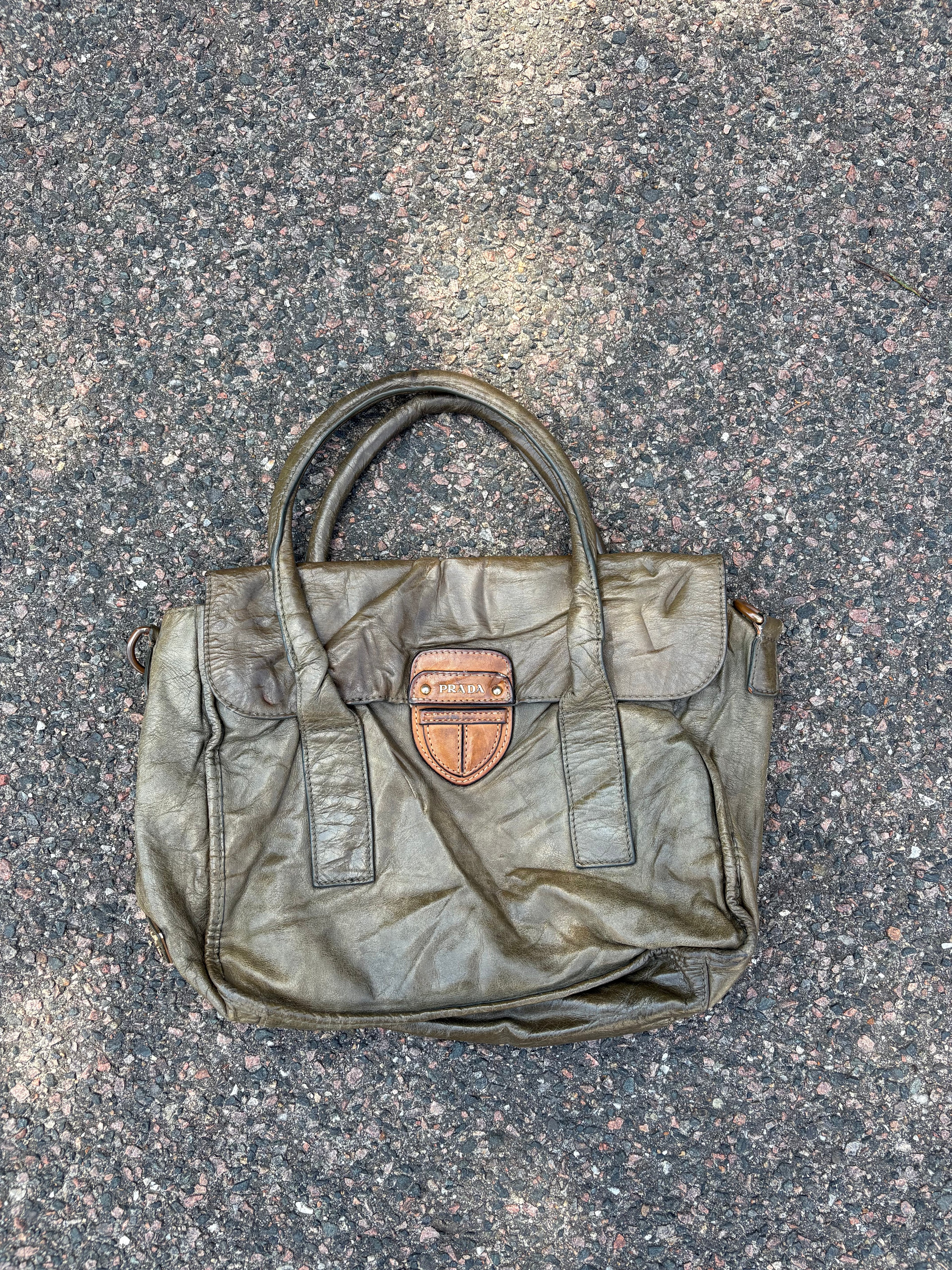 Vintage old leather khaki green Prada bag