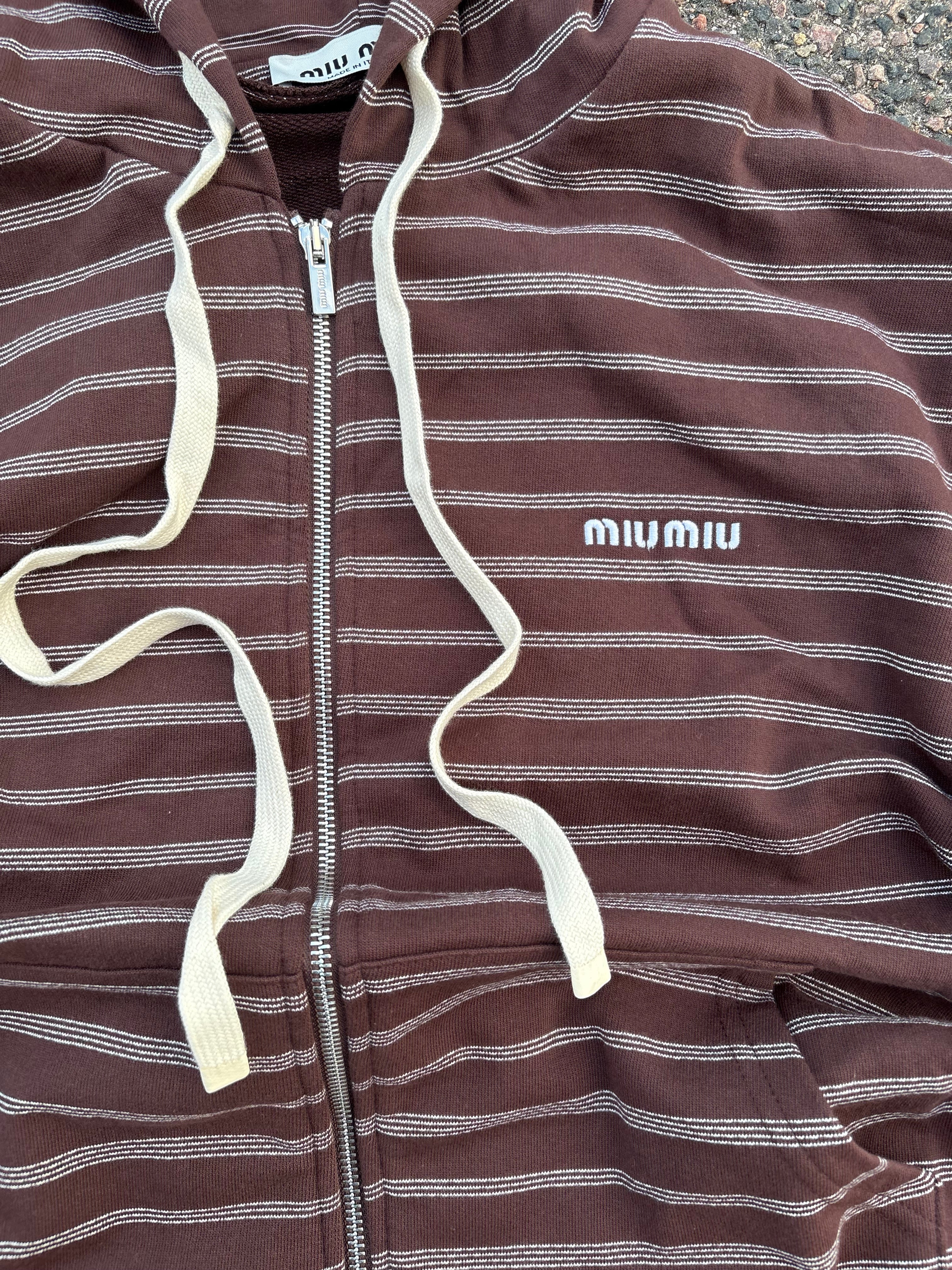 Miu Miu SS24 striped draw string hoodie white/brown
